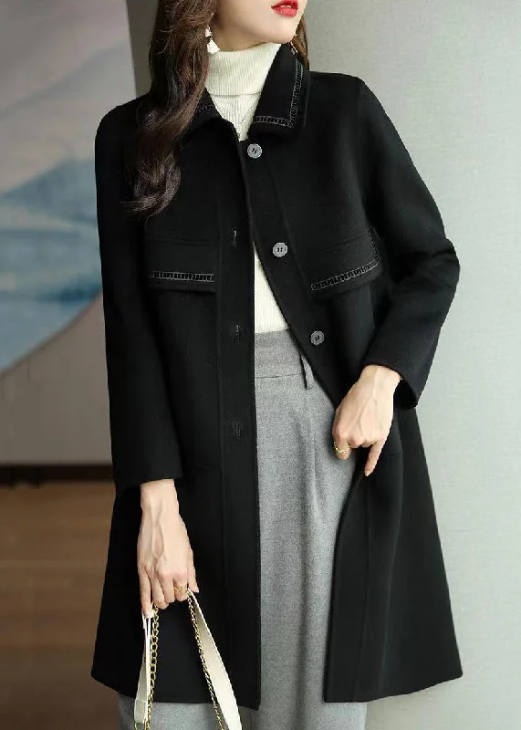 Shearling - lined women's leather coats for ultimate warmth and luxuryBlack Pockets Patchwork Woolen Coats Peter Pan Collar Long Sleeve Shearling - lined women's leather coats for ultimate warmth and luxuryBlack Pockets Patchwork Woolen Coats Peter Pan Collar Long Sleeve