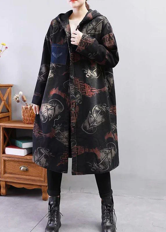 Women's reversible down coats with two - tone designs for versatile stylingBlack Print Fine Cotton Filled Coat Hooded Thick Winter Women's reversible down coats with two - tone designs for versatile stylingBlack Print Fine Cotton Filled Coat Hooded Thick Winter