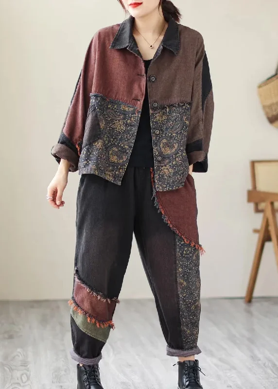 Women's pea coats with brass buttons for a nautical - inspired styleBlack Print Patchwork Coats And Pants Denim Two Piece Suit Set Fall Women's pea coats with brass buttons for a nautical - inspired styleBlack Print Patchwork Coats And Pants Denim Two Piece Suit Set Fall