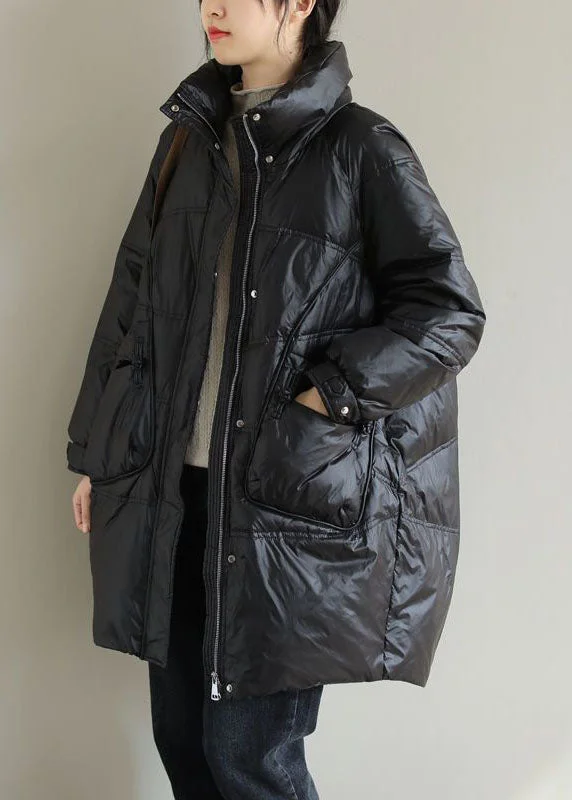 Long women's mac coats in a lightweight fabric for spring showersBlack Thick Duck Down Down Coat Stand Collar Oversized Pockets Winter Long women's mac coats in a lightweight fabric for spring showersBlack Thick Duck Down Down Coat Stand Collar Oversized Pockets Winter