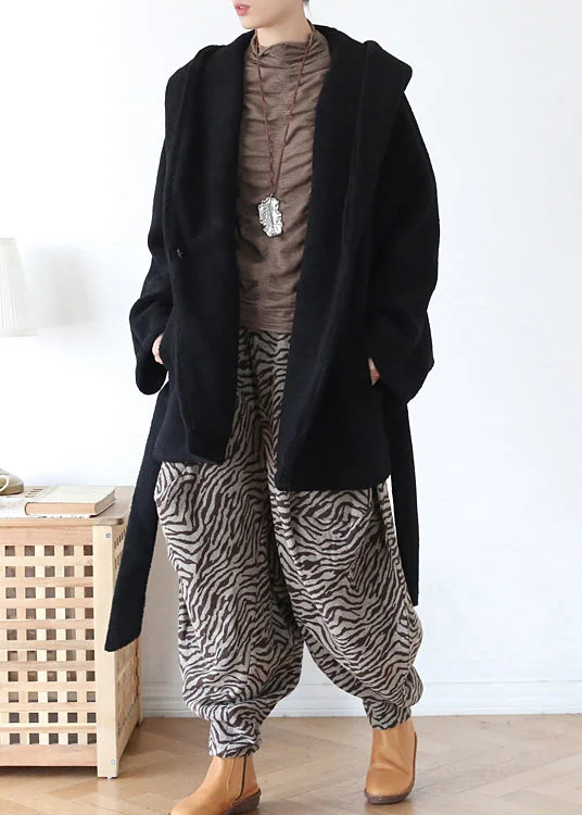 Women's long - sleeve wool coats in a houndstooth pattern for a classic charmBlack Tie Waist Woolen Hooded Coat Long Sleeve Women's long - sleeve wool coats in a houndstooth pattern for a classic charmBlack Tie Waist Woolen Hooded Coat Long Sleeve