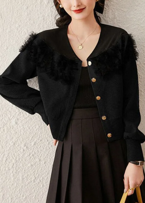 Water - resistant women's trench coats with adjustable cuffs for rainy daysBlack Tulle Patchwork Cotton Coat V Neck Long Sleeve Water - resistant women's trench coats with adjustable cuffs for rainy daysBlack Tulle Patchwork Cotton Coat V Neck Long Sleeve