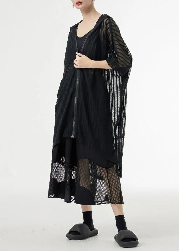 Women's longline double - breasted camel coats for a sophisticated lookBlack Zippered Pockets Patchwork Tulle UPF 50+ Coat Hooded Summer Women's longline double - breasted camel coats for a sophisticated lookBlack Zippered Pockets Patchwork Tulle UPF 50+ Coat Hooded Summer
