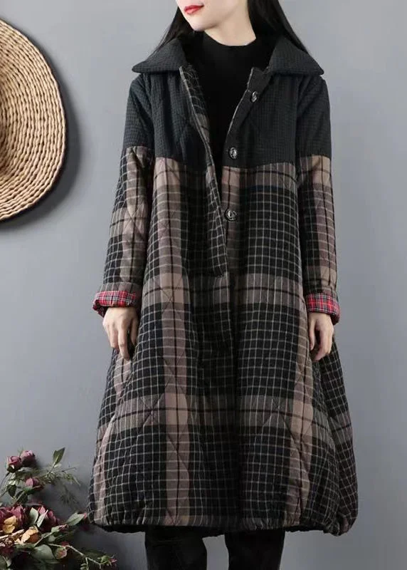 Women's waterproof parka coats with multiple pockets for practicalityBlackish Green Pockets Plaid Patchwork Fine Cotton Filled Coats Winter
