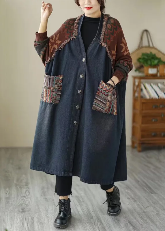 Women's longline double - breasted camel coats for a sophisticated lookBlue Pockets Patchwork Denim Long Coats V Neck Fall Women's longline double - breasted camel coats for a sophisticated lookBlue Pockets Patchwork Denim Long Coats V Neck Fall