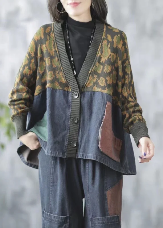 Women's faux fur coats in bright colors for a bold fashion statementBlue Pockets Print Knit Patchwork Knit Denim Coat V Neck Fall Women's faux fur coats in bright colors for a bold fashion statementBlue Pockets Print Knit Patchwork Knit Denim Coat V Neck Fall