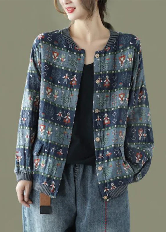 Women's long - sleeve wool coats in a houndstooth pattern for a classic charmBlue Print Pockets Patchwork Cotton Coats O Neck Butto Fall Women's long - sleeve wool coats in a houndstooth pattern for a classic charmBlue Print Pockets Patchwork Cotton Coats O Neck Butto Fall