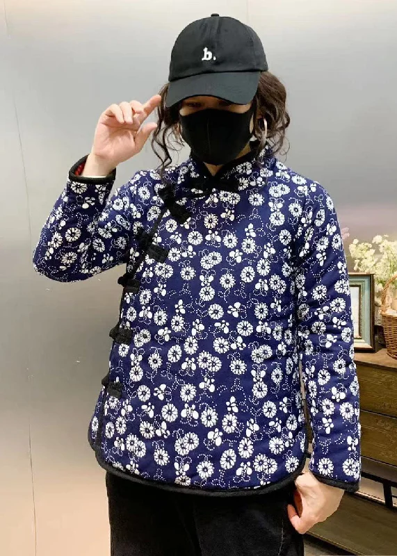 Women's cropped leather coats with silver studs for an edgy lookBlue Slim Fit Fine Cotton Filled Coats Stand Collar Print Winter Women's cropped leather coats with silver studs for an edgy lookBlue Slim Fit Fine Cotton Filled Coats Stand Collar Print Winter