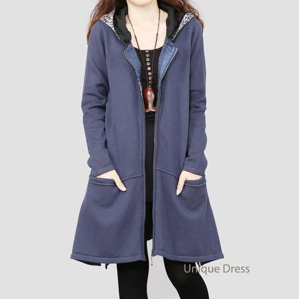 Mid - length women's down coats in a slim fit for a modern and sleek appearanceBlue women sweater hooded cardigan coat Mid - length women's down coats in a slim fit for a modern and sleek appearanceBlue women sweater hooded cardigan coat