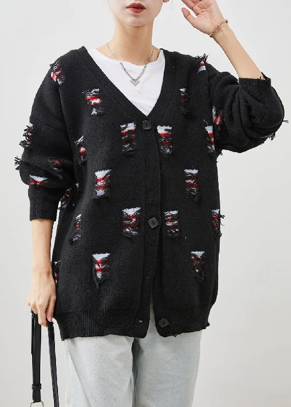 Women's waterproof parka coats with multiple pockets for practicalityBohemian Black Oversized Ripped Thick Knit Coat Spring Women's waterproof parka coats with multiple pockets for practicalityBohemian Black Oversized Ripped Thick Knit Coat Spring
