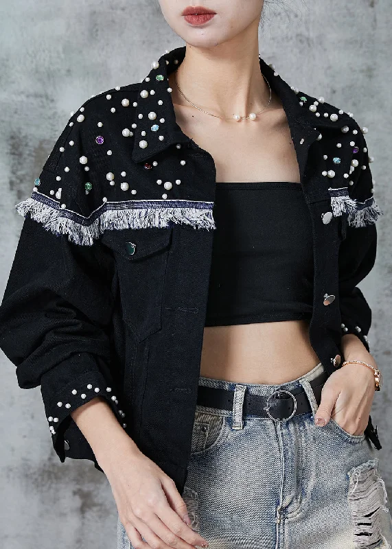 Women's pea coats with brass buttons for a nautical - inspired styleBohemian Black Tasseled Patchwork Nail Bead Denim Jacket Spring Women's pea coats with brass buttons for a nautical - inspired styleBohemian Black Tasseled Patchwork Nail Bead Denim Jacket Spring