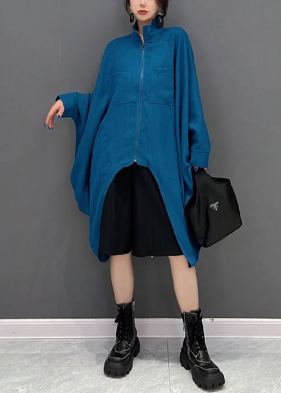Women's pea coats with brass buttons for a nautical - inspired styleBohemian Blue Asymmetrical Design Zippered Cotton Coat Fall Women's pea coats with brass buttons for a nautical - inspired styleBohemian Blue Asymmetrical Design Zippered Cotton Coat Fall