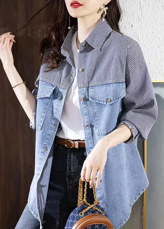 Oversized women's wool coats in a monochromatic look for a trendy outfitBohemian Blue Peter Pan Collar Striped Patchwork Button Denimn Coats Fall Oversized women's wool coats in a monochromatic look for a trendy outfitBohemian Blue Peter Pan Collar Striped Patchwork Button Denimn Coats Fall