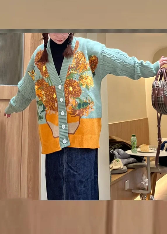Mid - length women's down coats in a slim fit for a modern and sleek appearanceBohemian Green Floral Button Cotton Knit Sweaters Coats Fall Mid - length women's down coats in a slim fit for a modern and sleek appearanceBohemian Green Floral Button Cotton Knit Sweaters Coats Fall