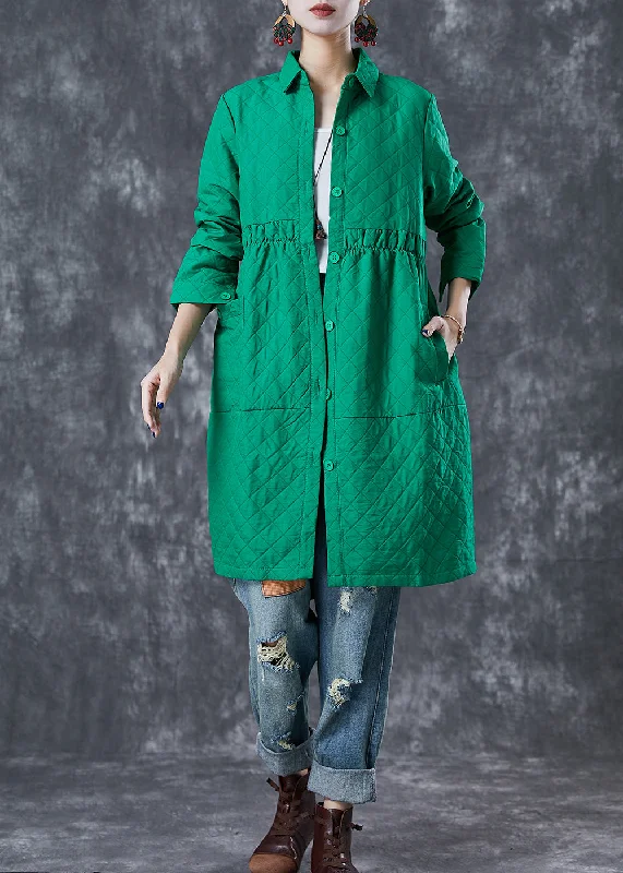 Water - resistant women's trench coats with adjustable cuffs for rainy daysBohemian Green Peter Pan Collar Plaid Cotton Coat Fall Water - resistant women's trench coats with adjustable cuffs for rainy daysBohemian Green Peter Pan Collar Plaid Cotton Coat Fall