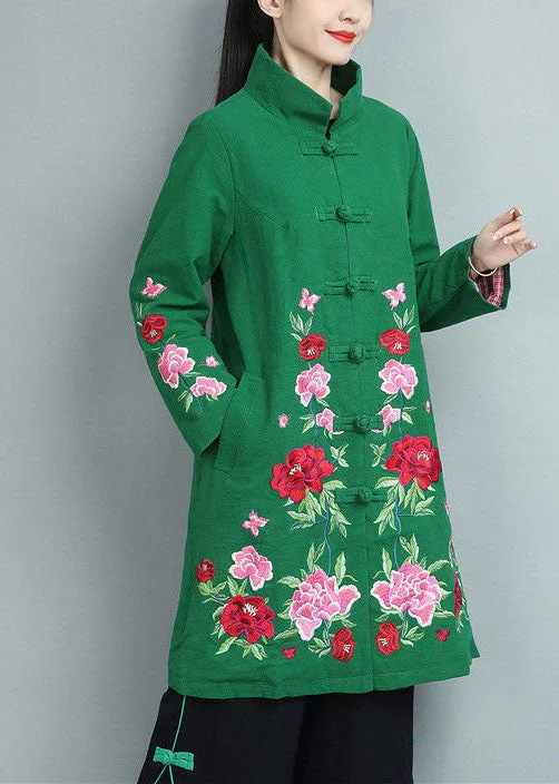 Women's knee - length wool blend coats with a fur collar for added warmthBohemian Green Stand Collar Embroideried Cotton Coats Fall Women's knee - length wool blend coats with a fur collar for added warmthBohemian Green Stand Collar Embroideried Cotton Coats Fall