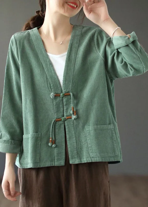Petite women's wool blend coats with a tailored fit for a flattering silhouetteBohemian Green Tasseled Pockets Patchwork Corduroy Coat Fall
