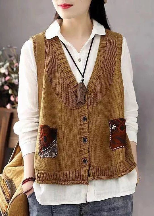 Plus size women's wool blend coats for a warm and stylish winterBohemian Khaki Button Pockets Patchwork Cotton Knit Waistcoat Sleeveless Plus size women's wool blend coats for a warm and stylish winterBohemian Khaki Button Pockets Patchwork Cotton Knit Waistcoat Sleeveless