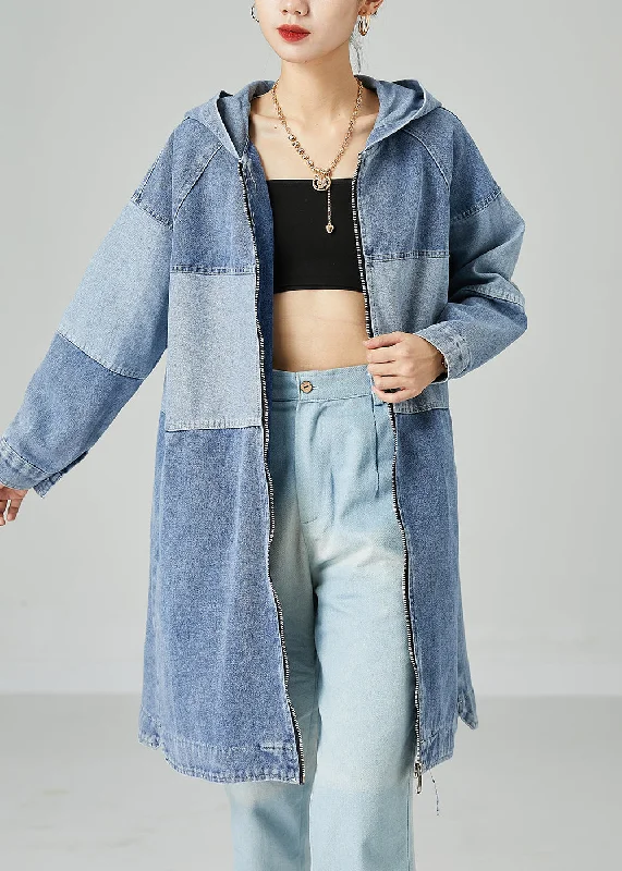 Water - resistant women's trench coats with adjustable cuffs for rainy daysBohemian Light Blue Oversized Patchwork Cotton Denim Coat Spring Water - resistant women's trench coats with adjustable cuffs for rainy daysBohemian Light Blue Oversized Patchwork Cotton Denim Coat Spring