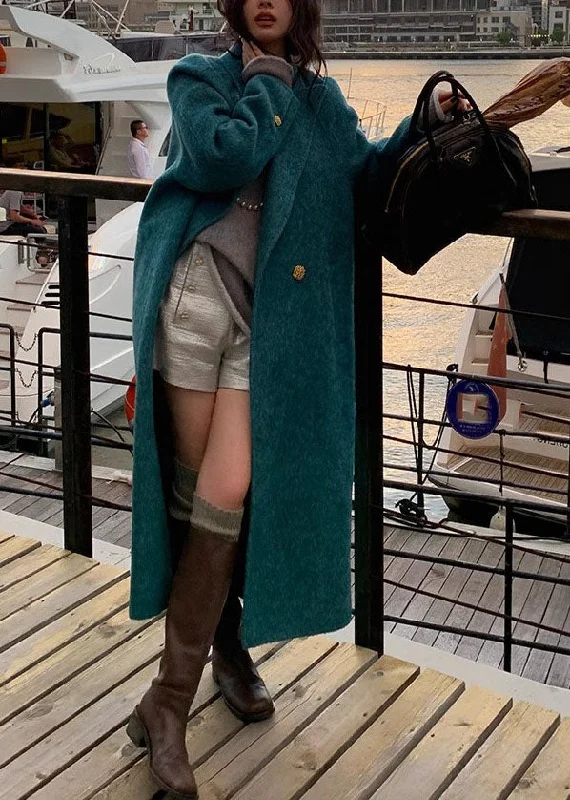 Shearling - lined women's leather coats for ultimate warmth and luxuryBohemian Peacock Blue Notched Pockets Woolen Maxi Coats Long Sleeve Shearling - lined women's leather coats for ultimate warmth and luxuryBohemian Peacock Blue Notched Pockets Woolen Maxi Coats Long Sleeve