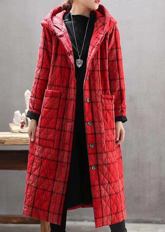 Women's pea coats with brass buttons for a nautical - inspired styleBohemian Red Hooded Plaid Pockets Fine Cotton Filled Long Coat Outwear Winter Women's pea coats with brass buttons for a nautical - inspired styleBohemian Red Hooded Plaid Pockets Fine Cotton Filled Long Coat Outwear Winter