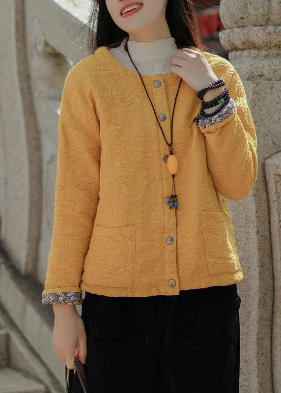 Embroidered women's cotton coats in a bohemian pattern for a unique designBohemian Yellow Jacquard Solid Fine Cotton Filled Coat Outwear Winter