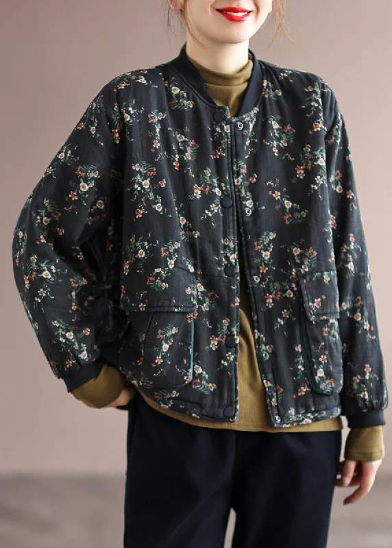 Women's pea coats with brass buttons for a nautical - inspired styleBoho Black Print Pockets Patchwork Fine Cotton Filled Jackets Winter Women's pea coats with brass buttons for a nautical - inspired styleBoho Black Print Pockets Patchwork Fine Cotton Filled Jackets Winter