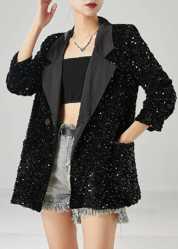 Hooded women's puffer coats in neon colors for high - visibility sportsBoho Black Sequins Double Breast Jackets Spring Hooded women's puffer coats in neon colors for high - visibility sportsBoho Black Sequins Double Breast Jackets Spring