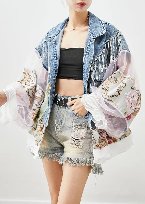 Mid - length women's down coats in a slim fit for a modern and sleek appearanceBoho Blue Tasseled Patchwork Tulle Denim Coat Lantern Sleeve Mid - length women's down coats in a slim fit for a modern and sleek appearanceBoho Blue Tasseled Patchwork Tulle Denim Coat Lantern Sleeve
