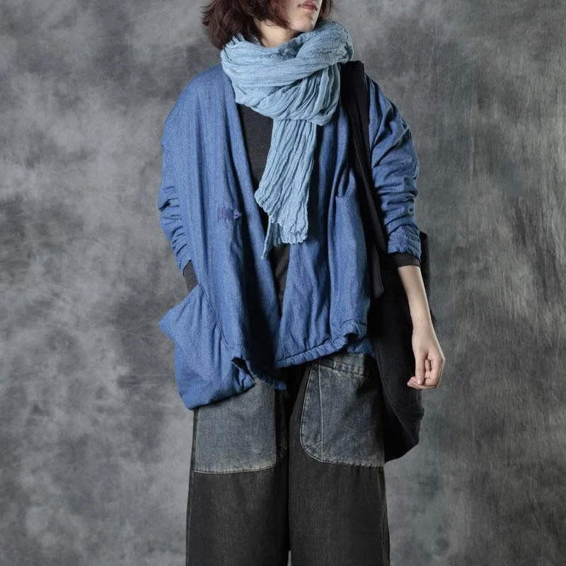 Women's cropped leather coats with silver studs for an edgy lookBoho Blue V Neck Pockets Cotton Winter Long sleeve Coat Women's cropped leather coats with silver studs for an edgy lookBoho Blue V Neck Pockets Cotton Winter Long sleeve Coat