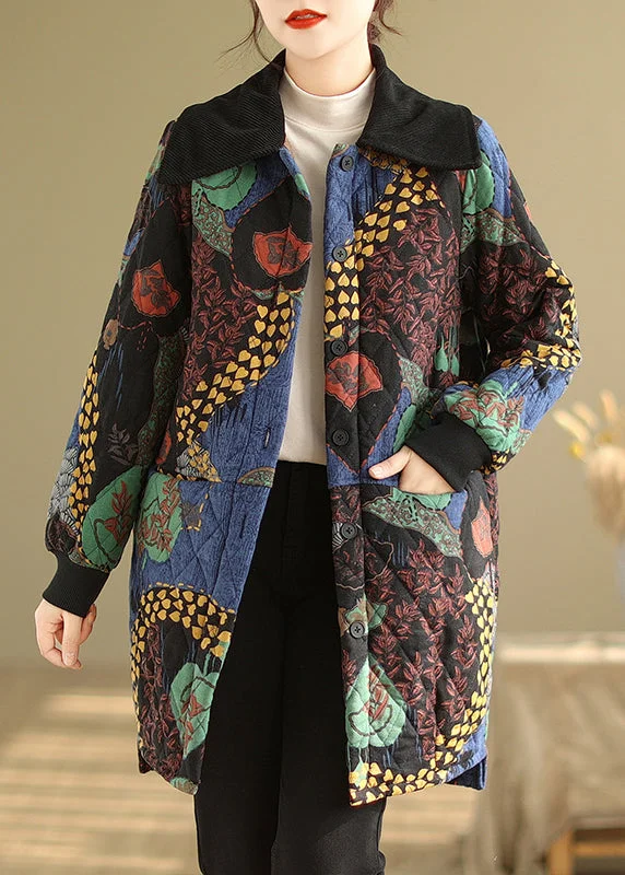 Women's reversible down coats with two - tone designs for versatile stylingBoho Floral Pockets Thick Warm Fine Cotton Filled Coat Winter Women's reversible down coats with two - tone designs for versatile stylingBoho Floral Pockets Thick Warm Fine Cotton Filled Coat Winter