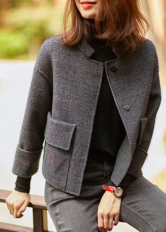 Shearling - lined women's leather coats for ultimate warmth and luxuryBoho Grey Plaid retro Loose Pockets Button Fall Winter Coat Shearling - lined women's leather coats for ultimate warmth and luxuryBoho Grey Plaid retro Loose Pockets Button Fall Winter Coat