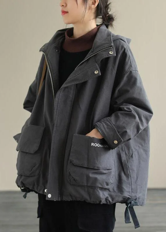 Women's knee - length wool blend coats with a fur collar for added warmthBoho Grey Zippered Loose Casual Drawstring Fall Long Sleeve Coat Women's knee - length wool blend coats with a fur collar for added warmthBoho Grey Zippered Loose Casual Drawstring Fall Long Sleeve Coat