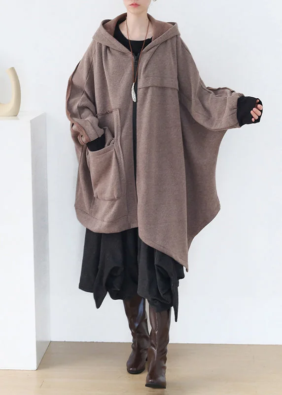 Long women's mac coats in a lightweight fabric for spring showersBoho Khaki Asymmetrical Patchwork Zippered Thick Cotton Hoded Coats Fall Long women's mac coats in a lightweight fabric for spring showersBoho Khaki Asymmetrical Patchwork Zippered Thick Cotton Hoded Coats Fall