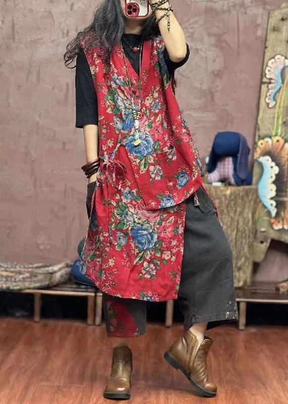 Women's knee - length wool blend coats with a fur collar for added warmthBoho Red Asymmetrical Print Patchwork Cotton Waistcoat Sleeveless Women's knee - length wool blend coats with a fur collar for added warmthBoho Red Asymmetrical Print Patchwork Cotton Waistcoat Sleeveless