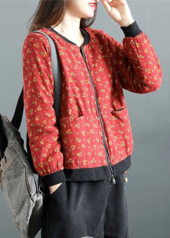 Embroidered women's cotton coats in a bohemian pattern for a unique designBoho Red Print Zip Up Pockets Patchwork Fine Cotton Filled Witner Coats Embroidered women's cotton coats in a bohemian pattern for a unique designBoho Red Print Zip Up Pockets Patchwork Fine Cotton Filled Witner Coats