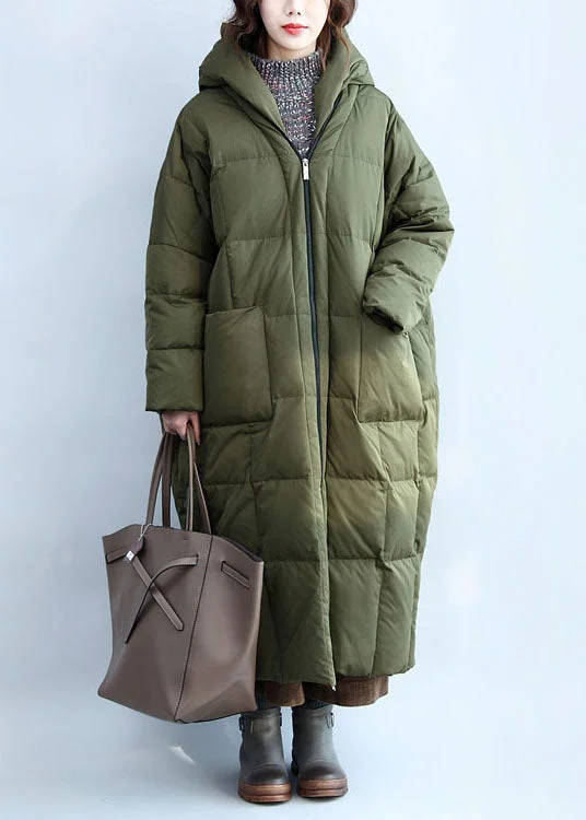Petite women's wool blend coats with a tailored fit for a flattering silhouetteBoutique Army Green Hooded Zippered Pockets Duck Down Puffer Coat Winter