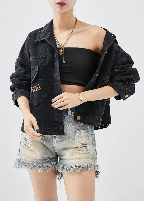 Women's long - sleeve wool coats in a houndstooth pattern for a classic charmBoutique Black Embroideried Letter Butterfly Denim Jacket Fall Women's long - sleeve wool coats in a houndstooth pattern for a classic charmBoutique Black Embroideried Letter Butterfly Denim Jacket Fall
