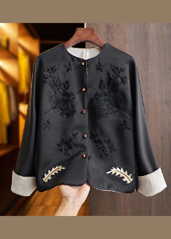 Belted women's cashmere coats in soft pastels for a luxurious feelBoutique Black O-Neck Embroideried Patchwork Silk Coats Fall Belted women's cashmere coats in soft pastels for a luxurious feelBoutique Black O-Neck Embroideried Patchwork Silk Coats Fall