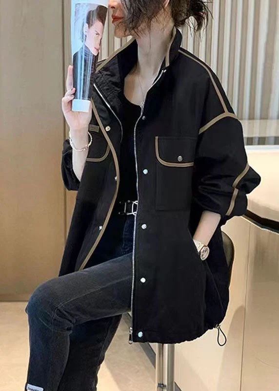 Shearling - lined women's leather coats for ultimate warmth and luxuryBoutique Black Stand Collar Zip Up Pockets Patchwork Cotton Jacket Fall Shearling - lined women's leather coats for ultimate warmth and luxuryBoutique Black Stand Collar Zip Up Pockets Patchwork Cotton Jacket Fall