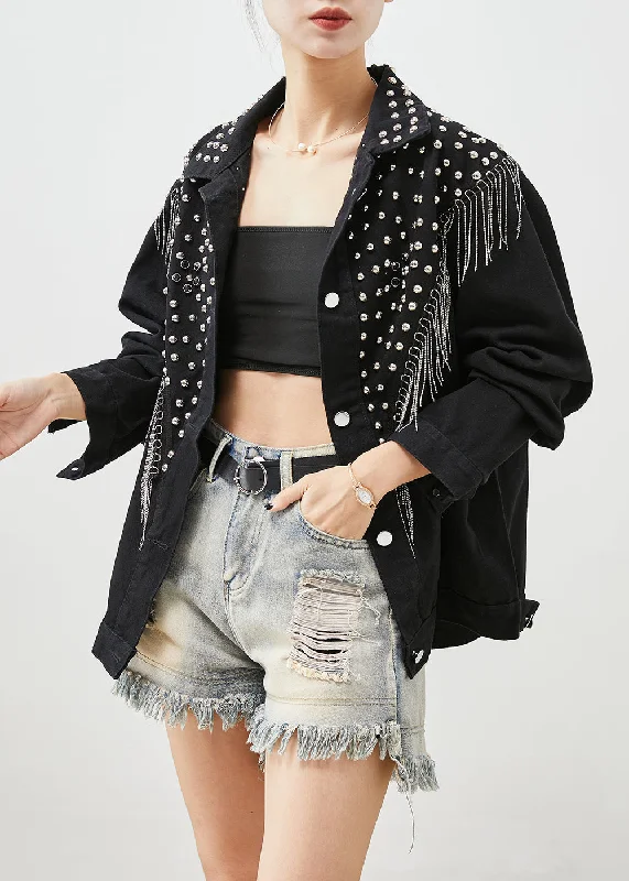 Women's knee - length wool blend coats with a fur collar for added warmthBoutique Black Tasseled Rivet Denim Jackets Fall Women's knee - length wool blend coats with a fur collar for added warmthBoutique Black Tasseled Rivet Denim Jackets Fall