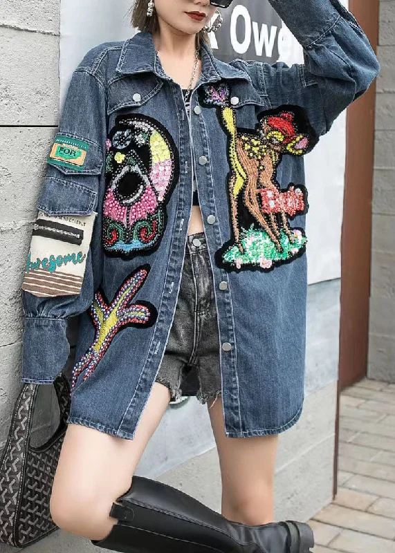 Women's long - sleeve wool coats in a houndstooth pattern for a classic charmBoutique Blue Embroideried Zircon Nail Bead Patchwork Denim Coat Spring Women's long - sleeve wool coats in a houndstooth pattern for a classic charmBoutique Blue Embroideried Zircon Nail Bead Patchwork Denim Coat Spring