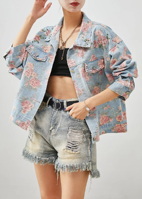Women's cropped leather coats with silver studs for an edgy lookBoutique Blue Nail Bead Rose Print Denim Coats Fall Women's cropped leather coats with silver studs for an edgy lookBoutique Blue Nail Bead Rose Print Denim Coats Fall