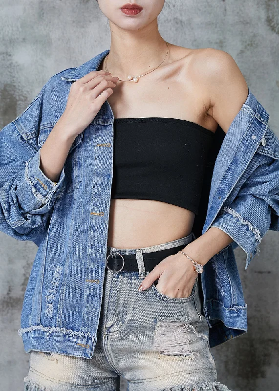 Embroidered women's cotton coats in a bohemian pattern for a unique designBoutique Blue Oversized 7 Rivet Denim Jackets Spring