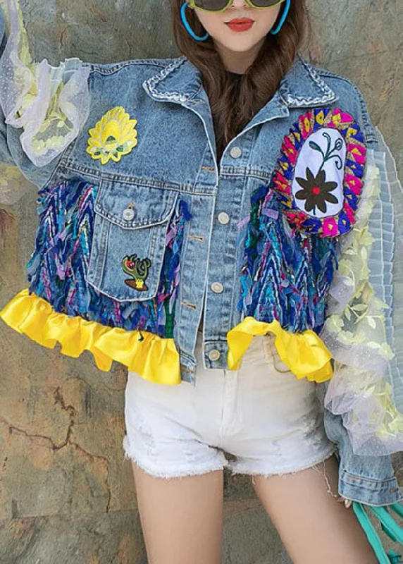Plus size women's wool blend coats for a warm and stylish winterBoutique Blue Ruffled Pockets Floral Decorated Patchwork Denim Short Coat Spring Plus size women's wool blend coats for a warm and stylish winterBoutique Blue Ruffled Pockets Floral Decorated Patchwork Denim Short Coat Spring