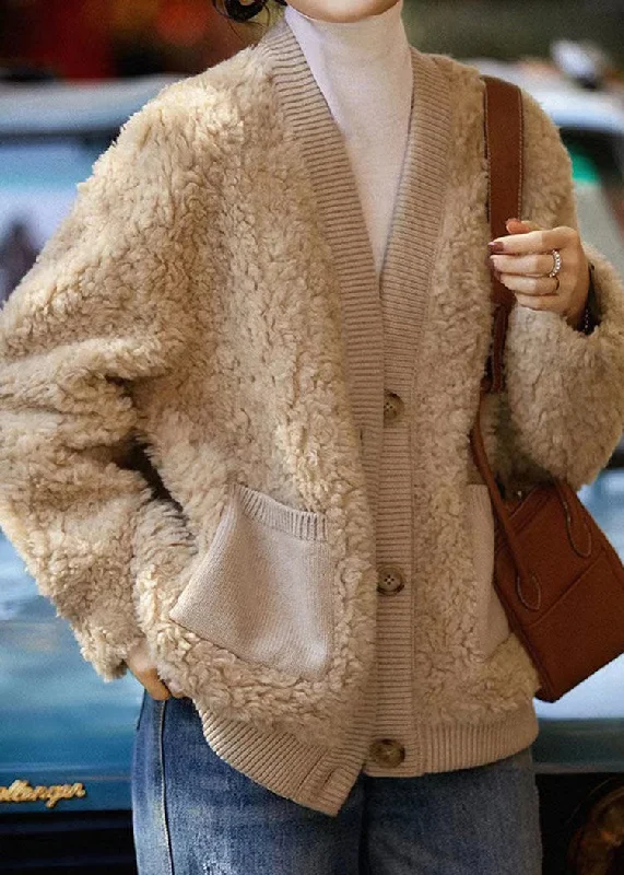 Hooded women's puffer coats in neon colors for high - visibility sportsBoutique Camel V Neck Pockets Patchwork Wool Jacket Winter Hooded women's puffer coats in neon colors for high - visibility sportsBoutique Camel V Neck Pockets Patchwork Wool Jacket Winter