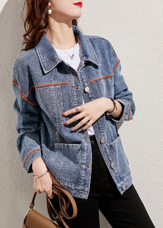 Mid - length women's down coats in a slim fit for a modern and sleek appearanceBoutique Denim Blue Peter Pan Collar Patchwork Pockets Cotton Jacket Spring Mid - length women's down coats in a slim fit for a modern and sleek appearanceBoutique Denim Blue Peter Pan Collar Patchwork Pockets Cotton Jacket Spring