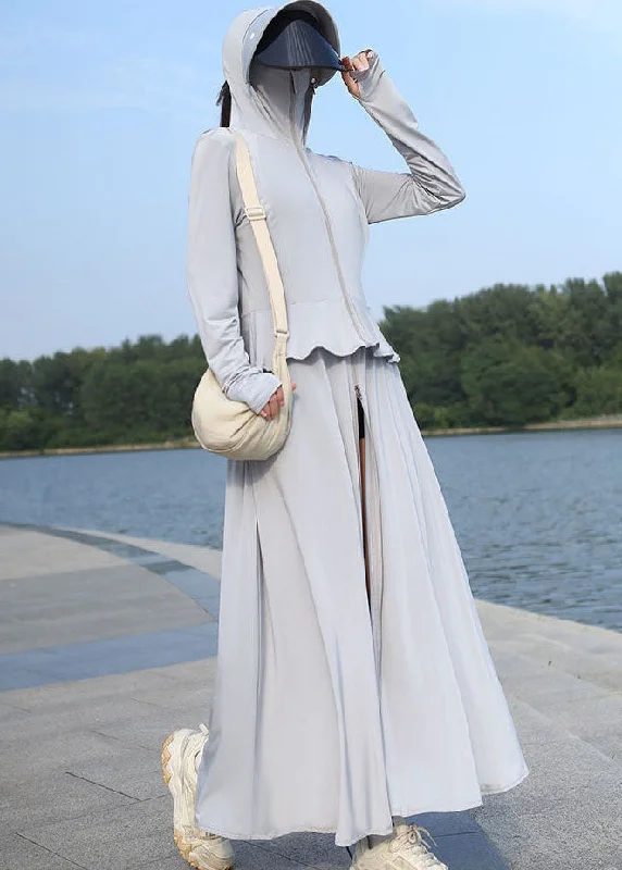 Women's faux fur coats in bright colors for a bold fashion statementBoutique Grey Hooded Zippered Thin Ice Silk Long UPF 50+ Coat Summer Women's faux fur coats in bright colors for a bold fashion statementBoutique Grey Hooded Zippered Thin Ice Silk Long UPF 50+ Coat Summer