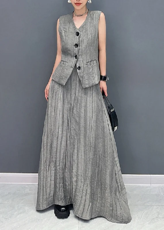 Women's pea coats with brass buttons for a nautical - inspired styleBoutique Grey V Neck Waistcoat And Skirts Two Pieces Set Sleeveless
