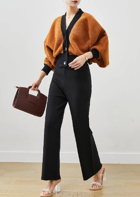 Women's long - sleeve wool coats in a houndstooth pattern for a classic charmBoutique Khaki Thick Knit Coats And Straight Pants Two Pieces Set Spring Women's long - sleeve wool coats in a houndstooth pattern for a classic charmBoutique Khaki Thick Knit Coats And Straight Pants Two Pieces Set Spring